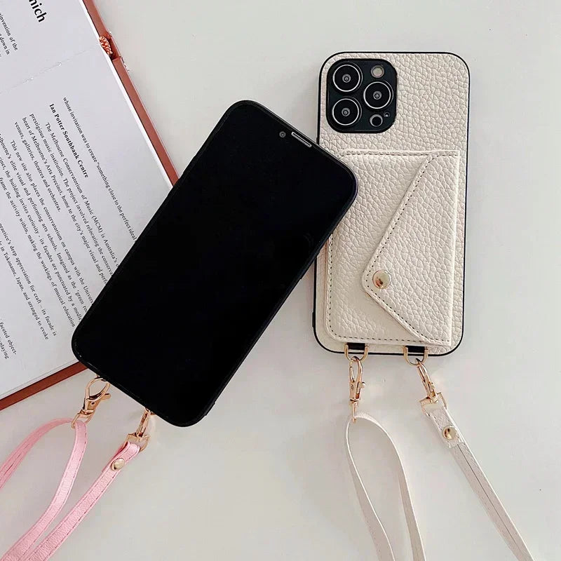 Crossbody Strap Lanyard Leather Phone Case for IPhone 12 Mini 15 14 13 11 Pro Max XS X XR 7 8 Plus Wallet with Card Holder Cover